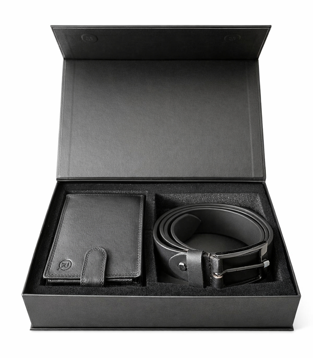 Set cadou pentru barbati, Portofel + Curea, piele naturala, model elegant, SET26, Negru