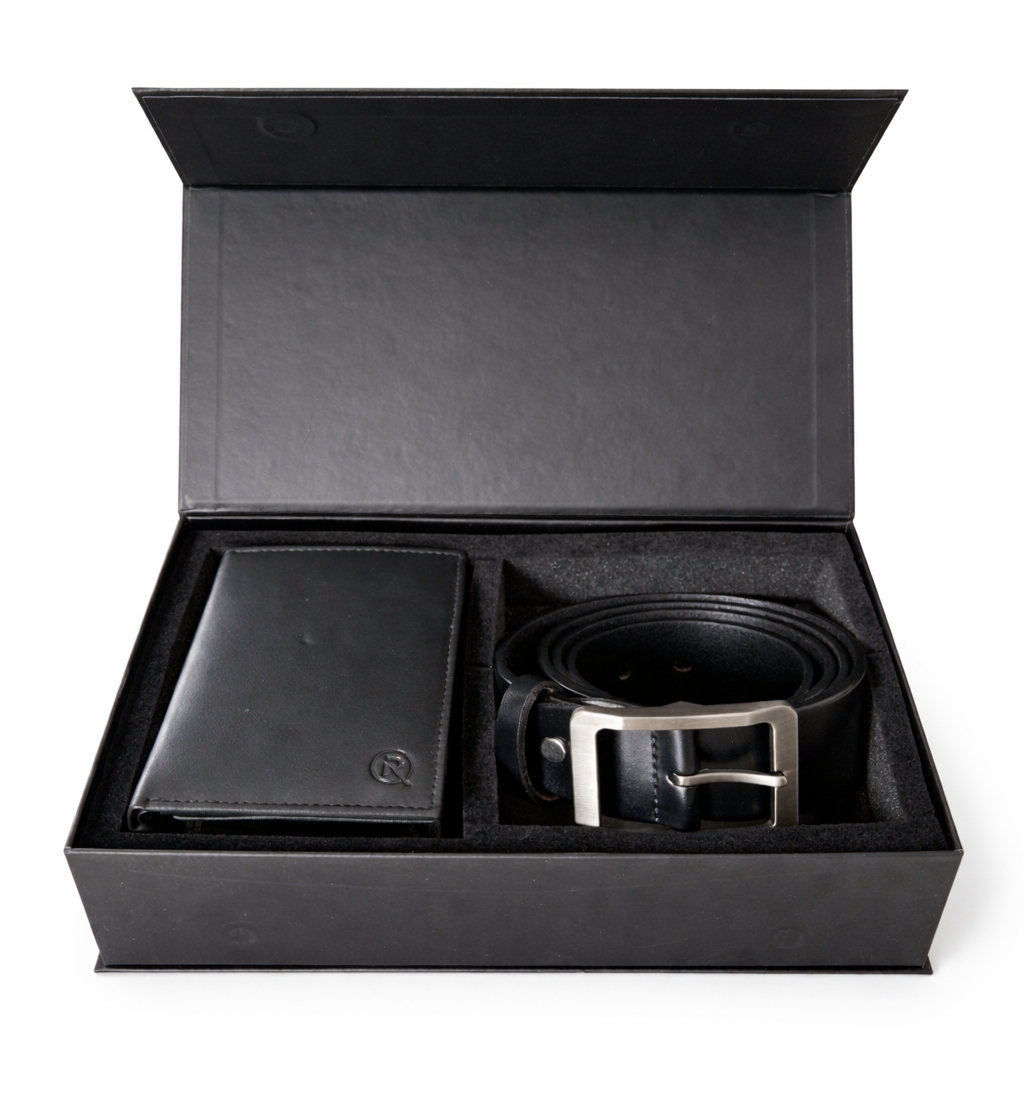 Set cadou pentru barbati, Portofel + Curea, piele naturala, model elegant, SET33, Negru/Negru