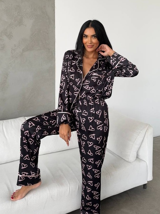 Set pijama dama din doua piese, cu nasturi – 2401677, Negru - imagine 2