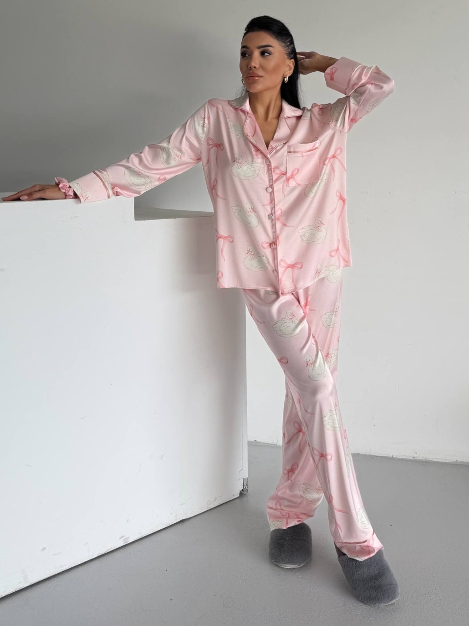 Set pijama dama din doua piese, cu nasturi – 2500341, Roz cu fundite