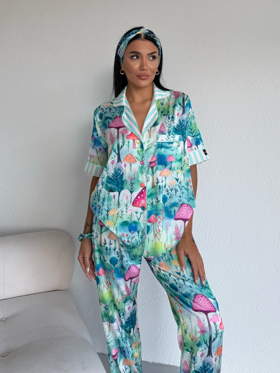 Set pijama dama din doua piese, cu nasturi – 2500379, Mushroom Garden