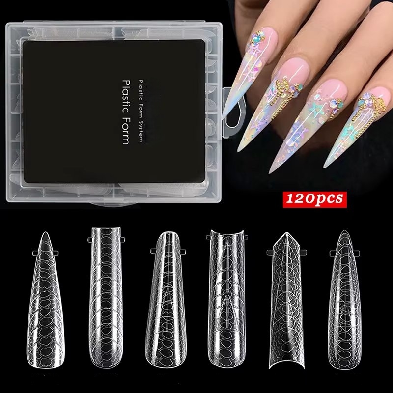 Tipsuri unghii reutilizabile, formă stiletto, model piele de șarpe, transparente, 120 buc — imaginea 4