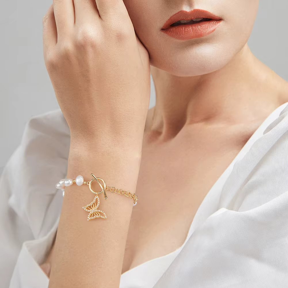 Bratara din argint 925 pentru dama, JW1728, model fluture si perle, placata cu aur