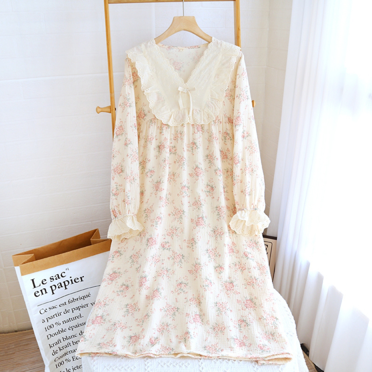 Camasa de noapte "Lace&Bloom" din bumbac, PJ008, Crem