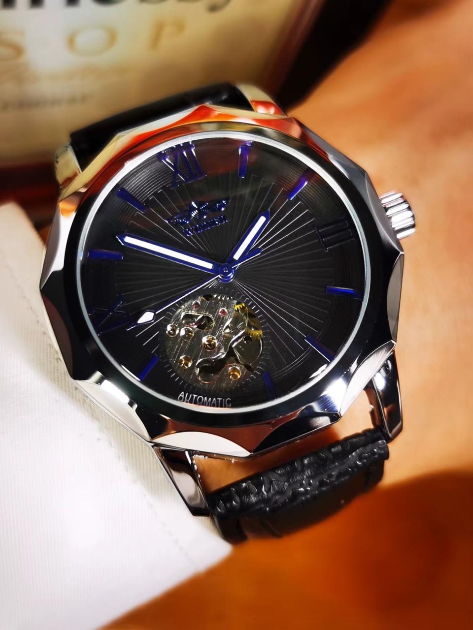 Ceas barbatesc Winner CS1727, automatic, piele naturala, negru, cadran negru - 2 | YEO