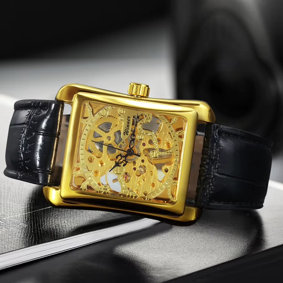 Ceas barbatesc Winner CS1743, automatic, piele naturala, negru, cadran auriu