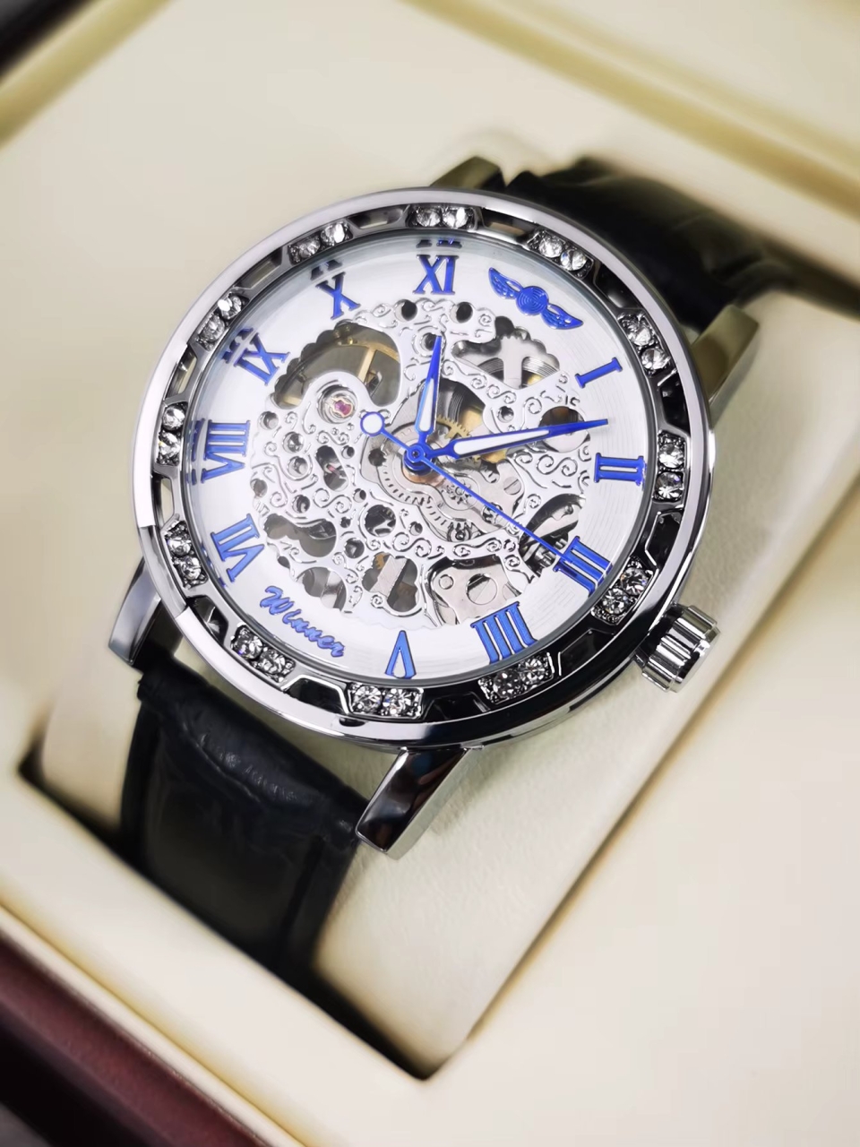 Ceas barbatesc Winner CS1746, automatic, piele naturala, negru, cadran alb - 2 | YEO