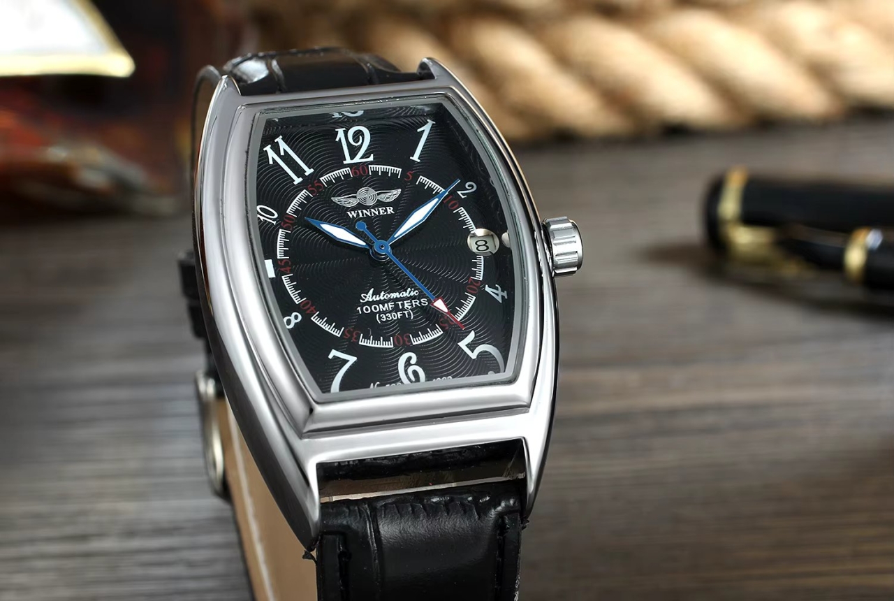 Ceas barbatesc Winner CS1757, automatic, piele naturala, negru, cadran negru