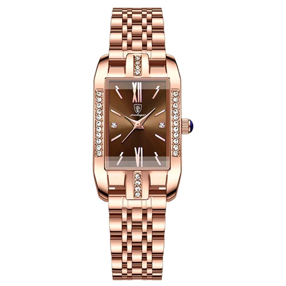 Ceas dama Poedagar CS1516, otel inoxidabil, rose gold, cadran maro