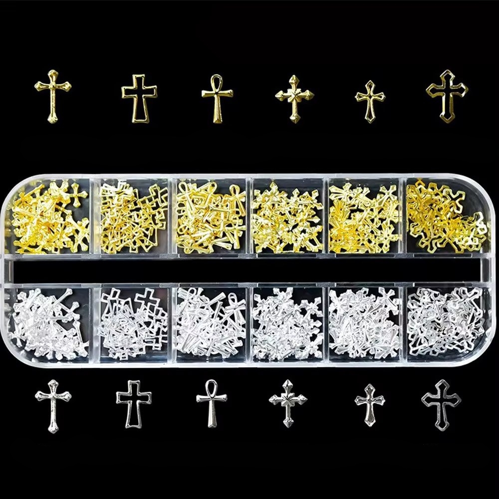 Decorațiuni unghii cruciulițe metalice, set în cutie cu 12 compartimente, auriu și argintiu
