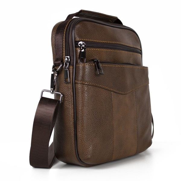 Geantă bărbați piele naturală, crossbody cu buzunare cu fermoar, maro — imaginea 4