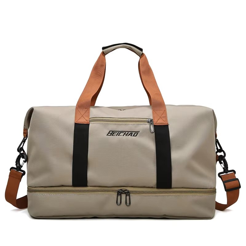 Geantă de călătorie unisex, textil, mânere piele ecologică, compartiment separat, bej