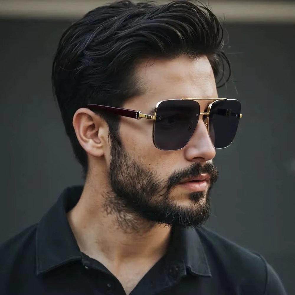 Ochelari de soare unisex fără ramă, lentile pătrate fumurii, brațe maro, negru — imaginea 3