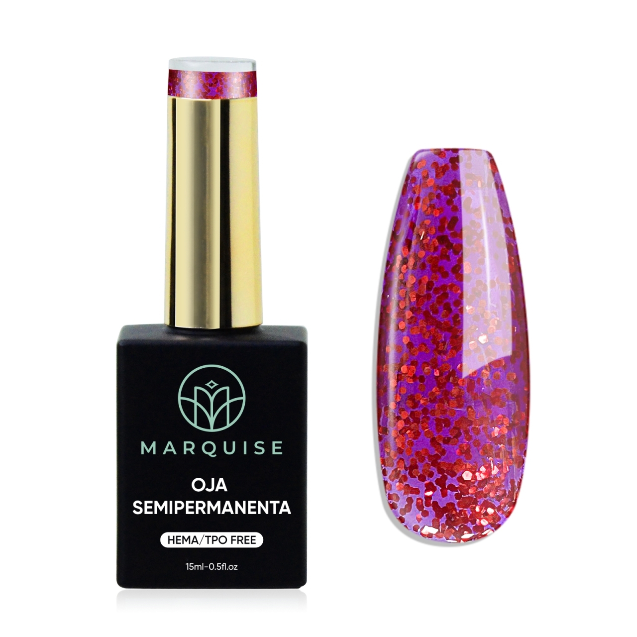Ojă semipermanentă unghii HEMA/TPO free, Marquise, sclipici roz, 15 ml, J962