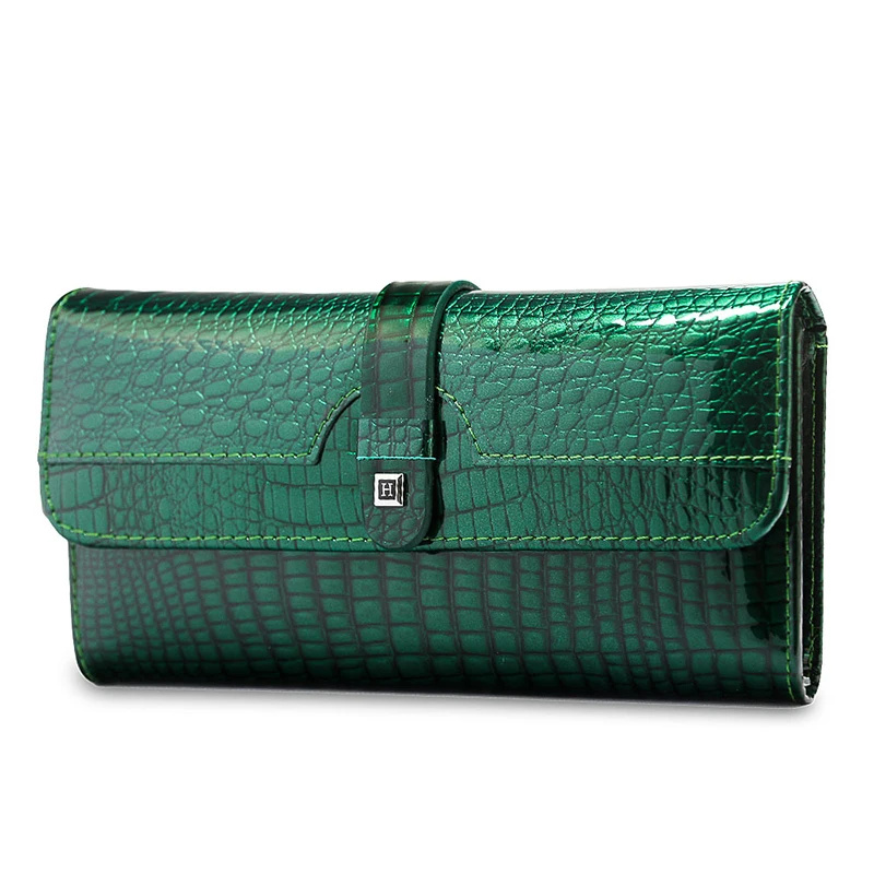 Portofel damă piele lăcuită, model croco, închidere cu clapetă, verde