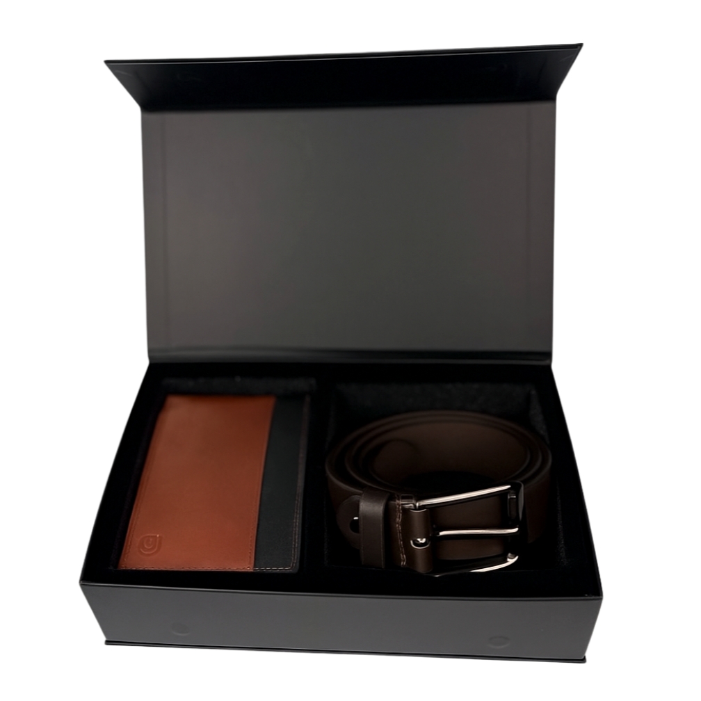 Set cadou pentru barbati, Portofel + Curea, piele naturala, model elegant, Negru-Maro, SET9