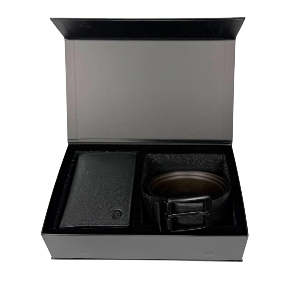 Set cadou pentru barbati, Portofel + Curea, piele naturala, model elegant, Negru, SET8