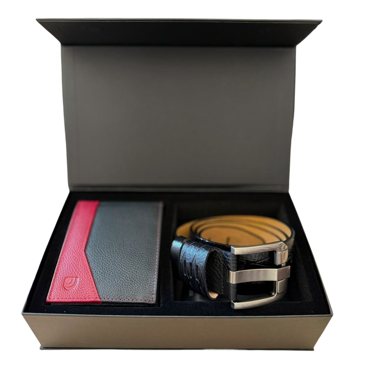 Set cadou pentru barbati, Portofel + Curea, piele naturala, model elegant, Negru