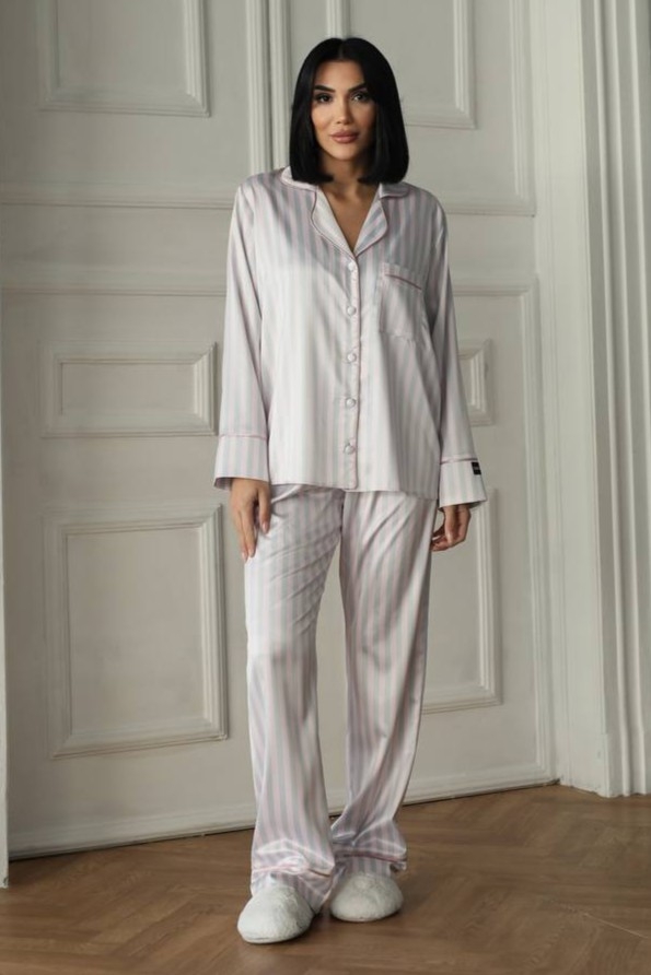 Set pijama dama din doua piese, cu nasturi – 2401656, Gri deschis