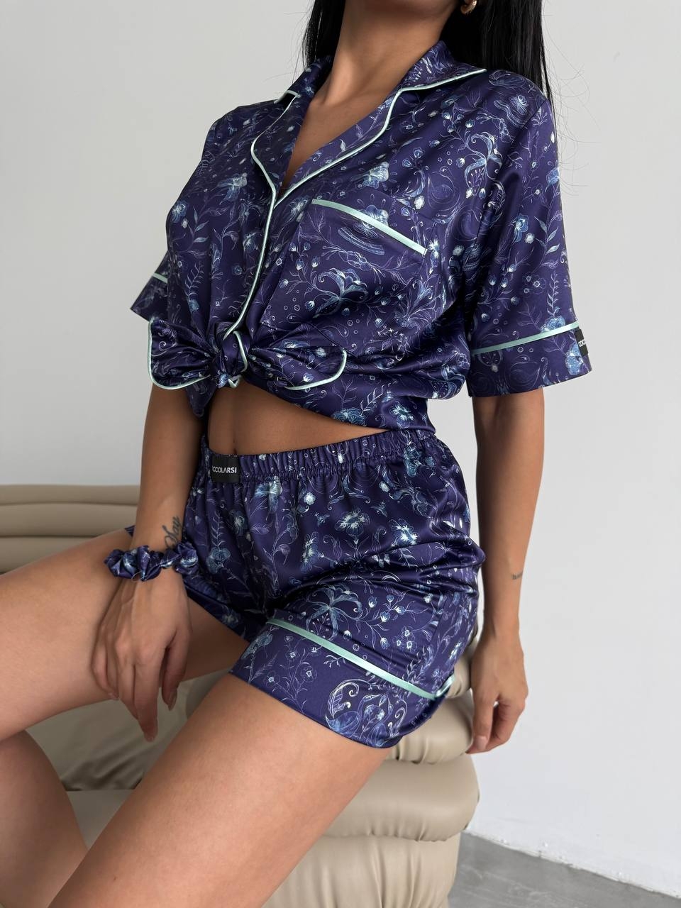 Set pijama dama din doua piese, cu nasturi – 2500100, Bleumarin Floral - imagine 4