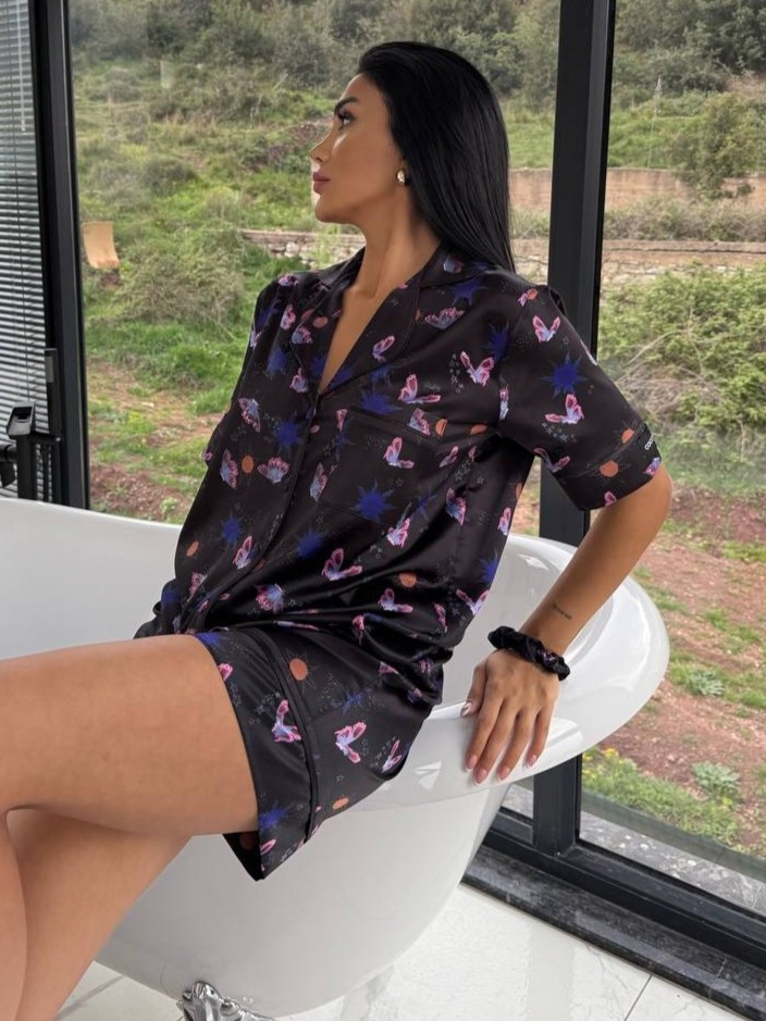 Set pijama dama din doua piese, cu nasturi – 2500116, Midnight Butterfly - imagine 5