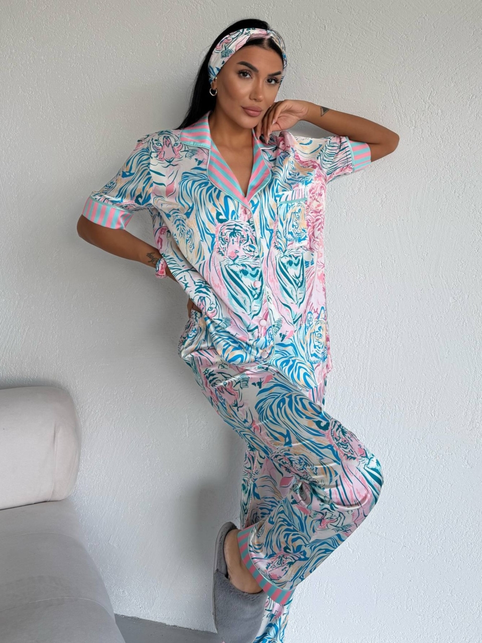 Set pijama dama din doua piese, cu nasturi – 2500382, Mint Tiger Vibe - imagine 6