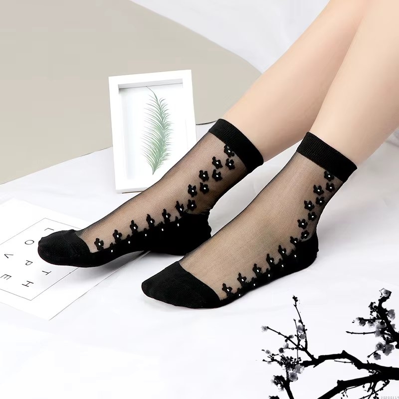 Sosete pentru dama, SS0159, model flori, Negru, marime universala