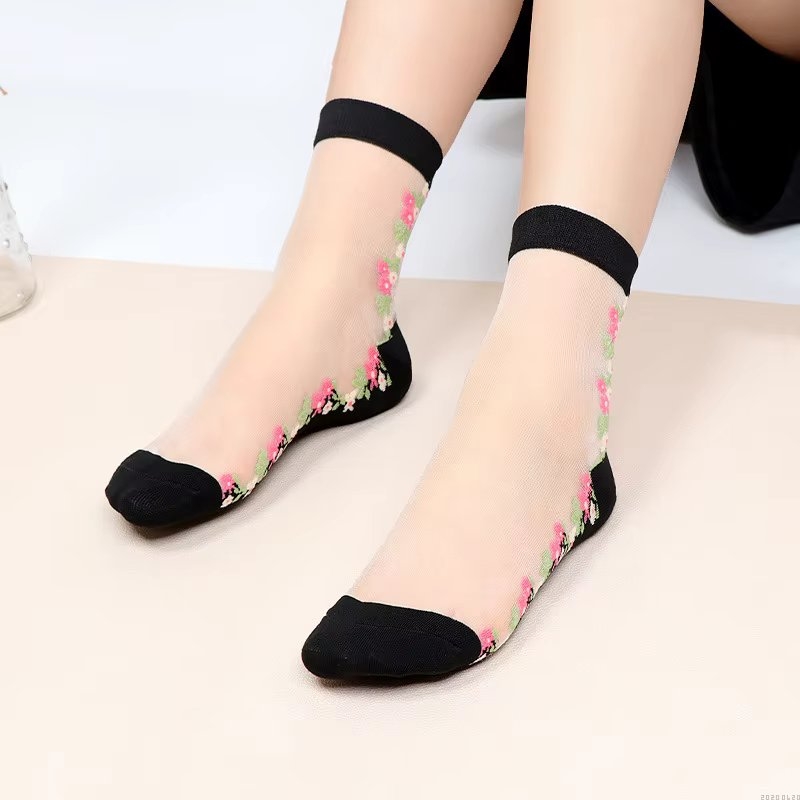 Sosete pentru dama, SS0164, model flori, Alb/Negru, marime universala