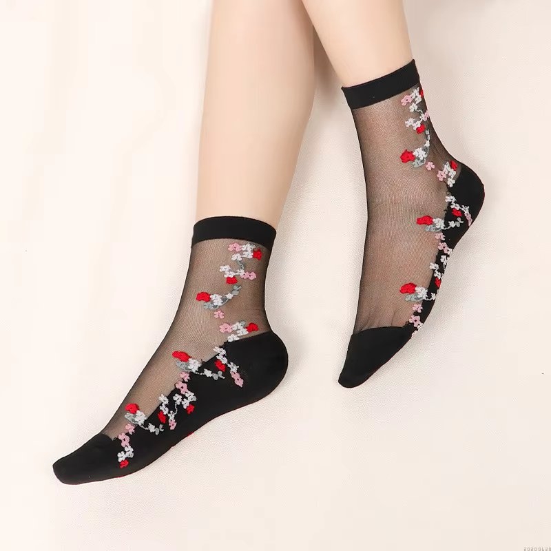 Sosete pentru dama, SS0169, model flori, Negru, marime universala