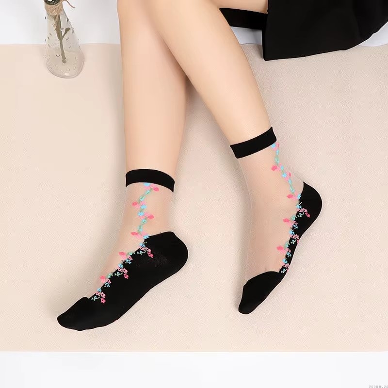 Sosete pentru dama, SS0174, model flori, Alb/Negru, marime universala