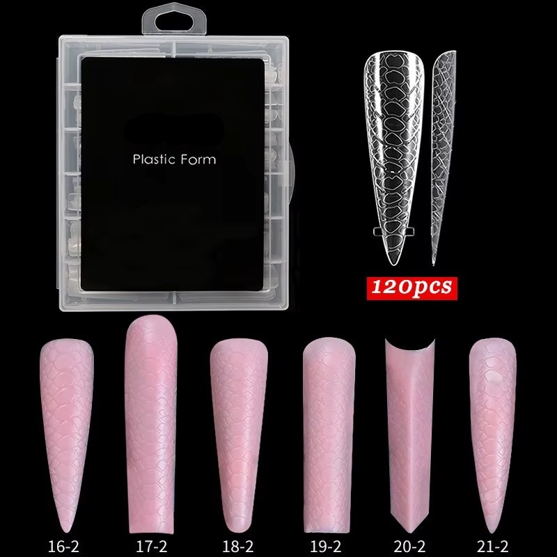 Tipsuri unghii reutilizabile, formă stiletto, model piele de șarpe, transparente, 120 buc — imaginea 2