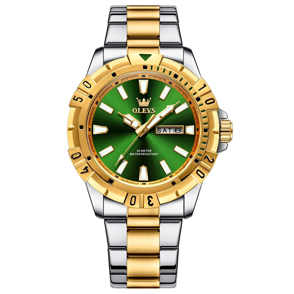 Ceas bărbătesc Olevs, oțel inoxidabil bicolor, bezel gradat, cadran verde cu dată CS1609
