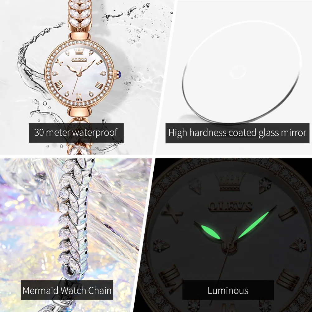 Ceas damă Olevs, brățară oțel cu zirconii, cadran sidefat alb, rose gold CS1613 — imaginea 3