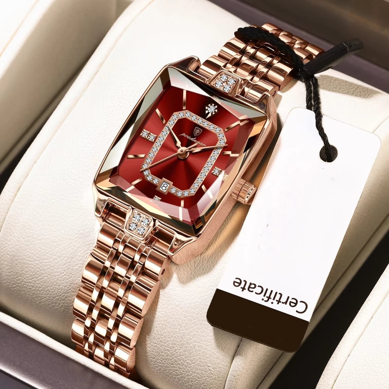 Ceas de dama Poedagar CS1908, otel inoxidabil, rose gold, cadran visiniu