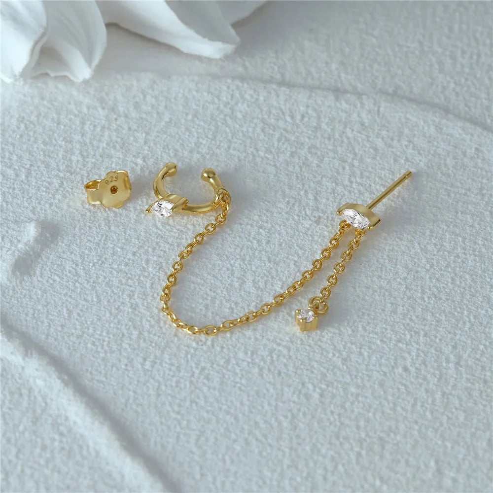 Cercel ear cuff argint 925, JW1004, model cu lant, placat cu aur - 1 | YEO