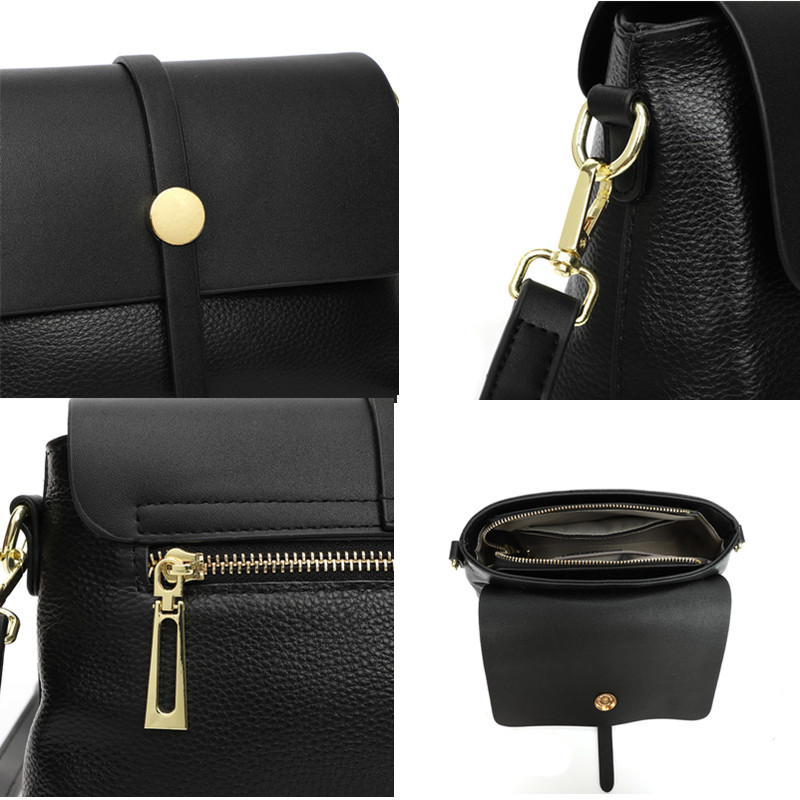 Geantă damă crossbody piele, clapetă cu capsă, curea lungă, crem cu maro — imaginea 3