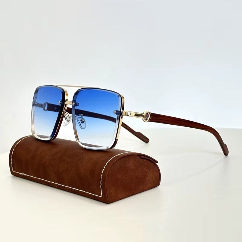 Ochelari de soare unisex, ramă pătrată metalică, brațe din lemn, lentile albastru degrade