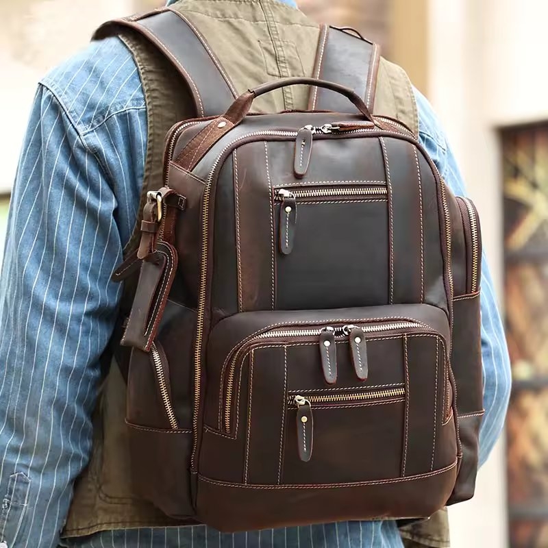 Rucsac bărbați piele naturală, buzunare multiple cu fermoar, maro cafeniu — imaginea 2