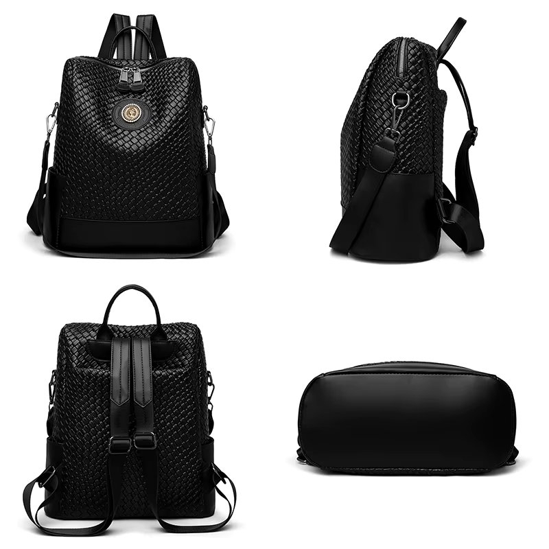 Rucsac damă piele ecologică texturată, buzunar lateral, negru — imaginea 4
