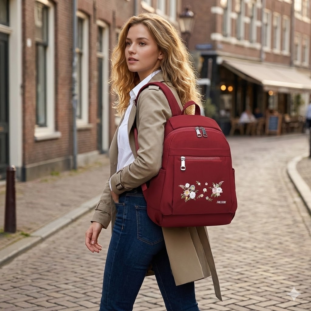 Rucsac damă textil, broderie florală, buzunare laterale, roșu — imaginea 2