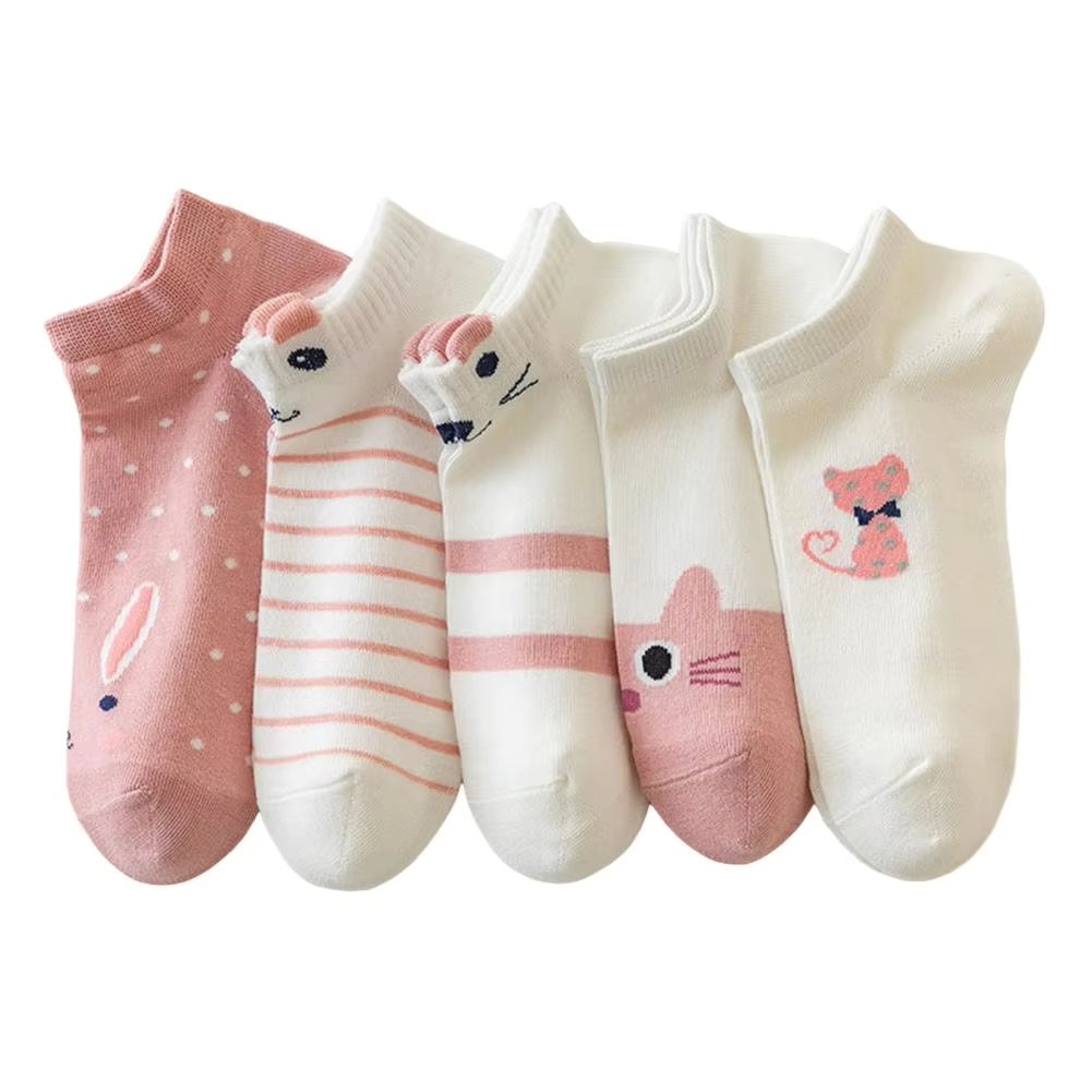 Set 5 perechi de sosete pentru dama, SS089, Crem/Roz, marime universala (35-39)
