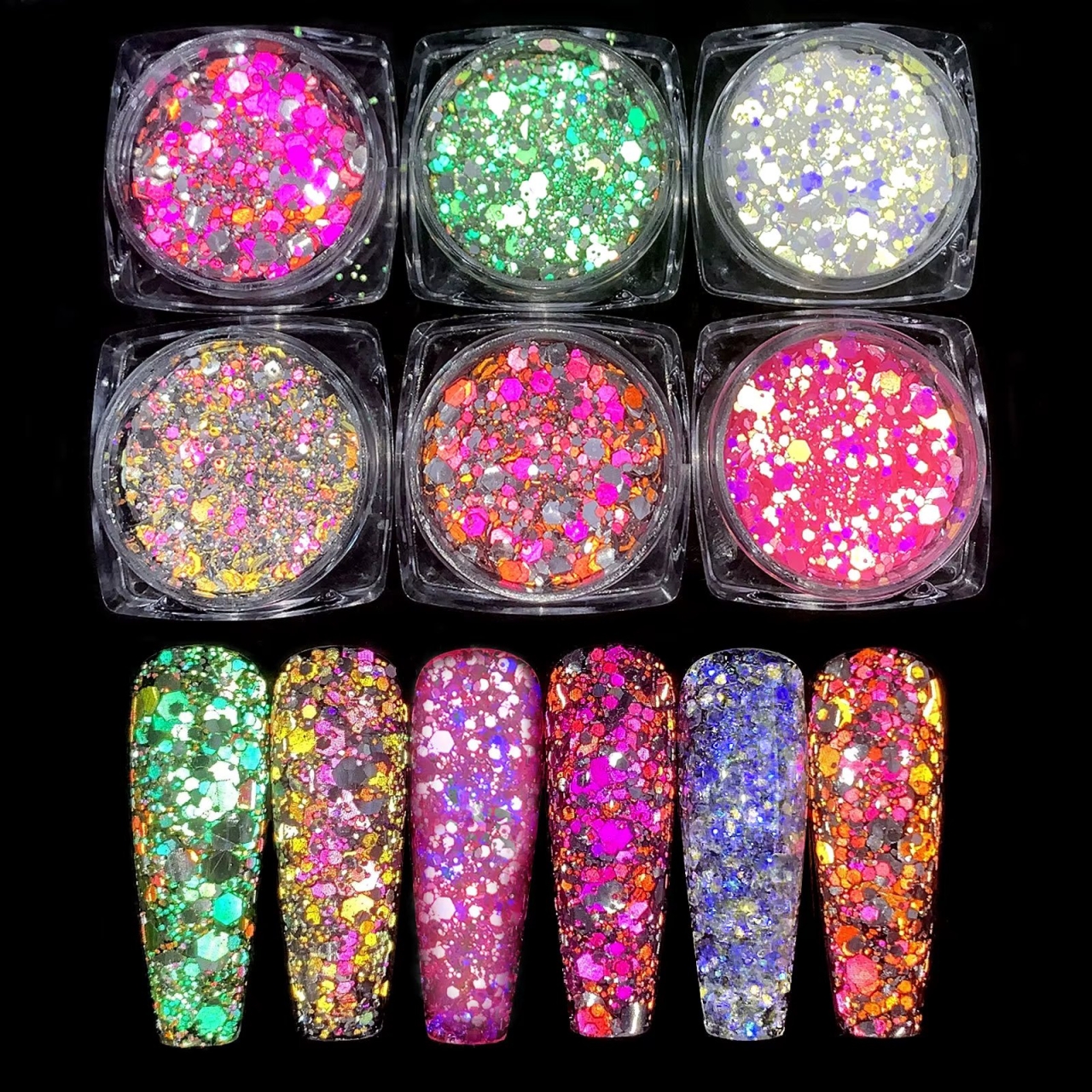 Set 6 sclipici unghii reflective Marquise, GLITTER03, Multicolor