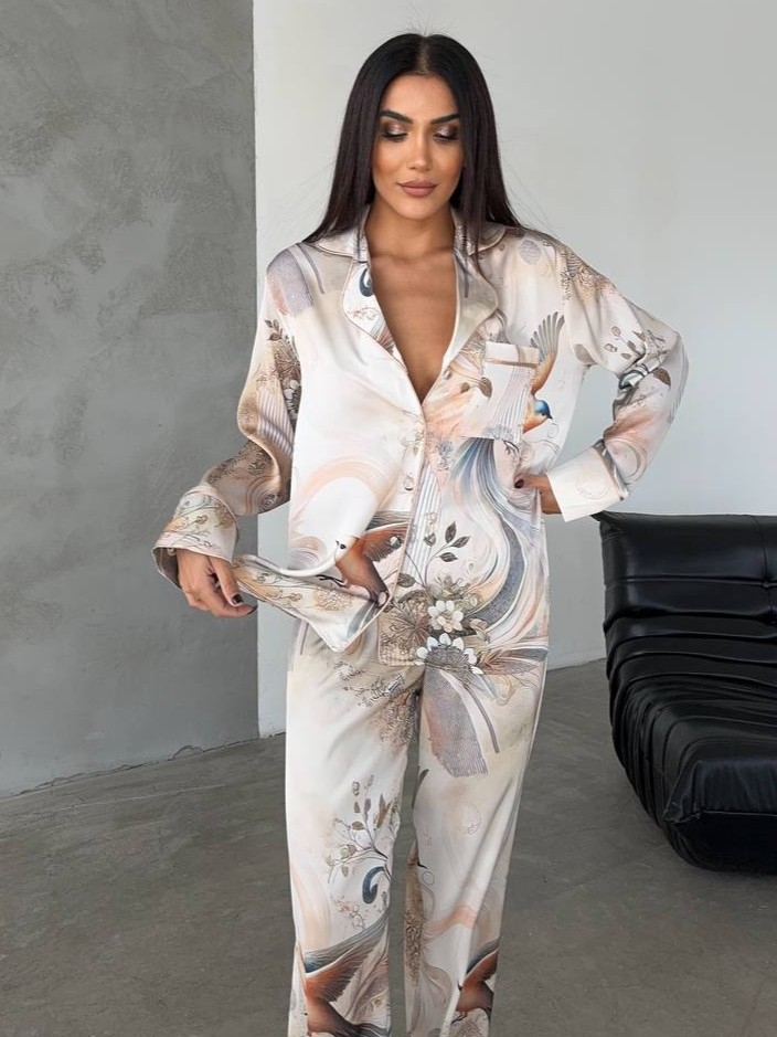 Set pijama dama din doua piese, cu nasturi – 2401756, Print pasari, Bej - imagine 7