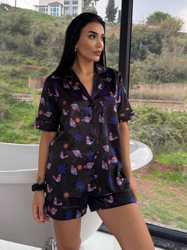 Set pijama dama din doua piese, cu nasturi – 2500116, Midnight Butterfly - imagine 2