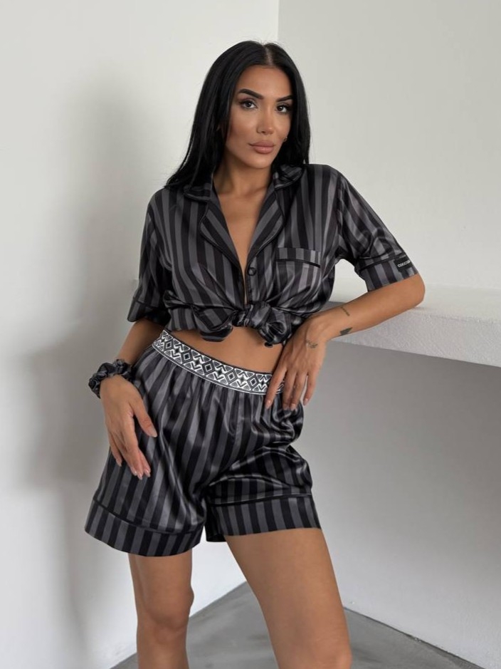 Set pijama dama din doua piese, cu nasturi – 2500156, Negru/Gri - imagine 3