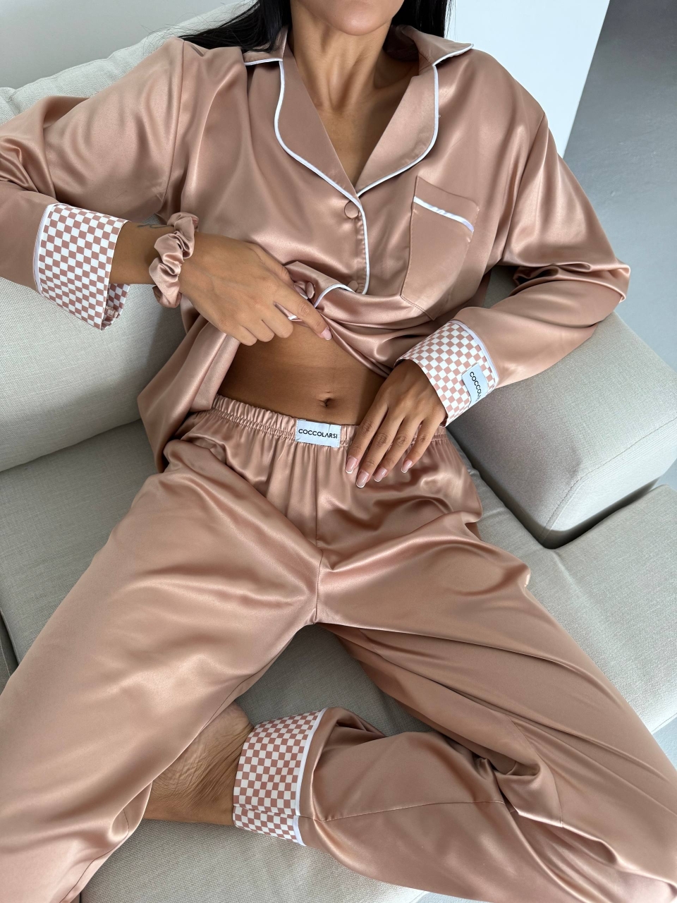 Set pijama dama din doua piese, cu nasturi – 2500258, Bej - imagine 3