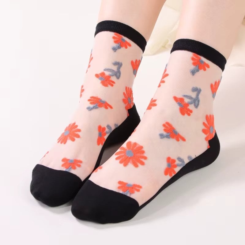 Sosete de dama, SS205, model flori, Alb/Negru, marime universala (35-39)