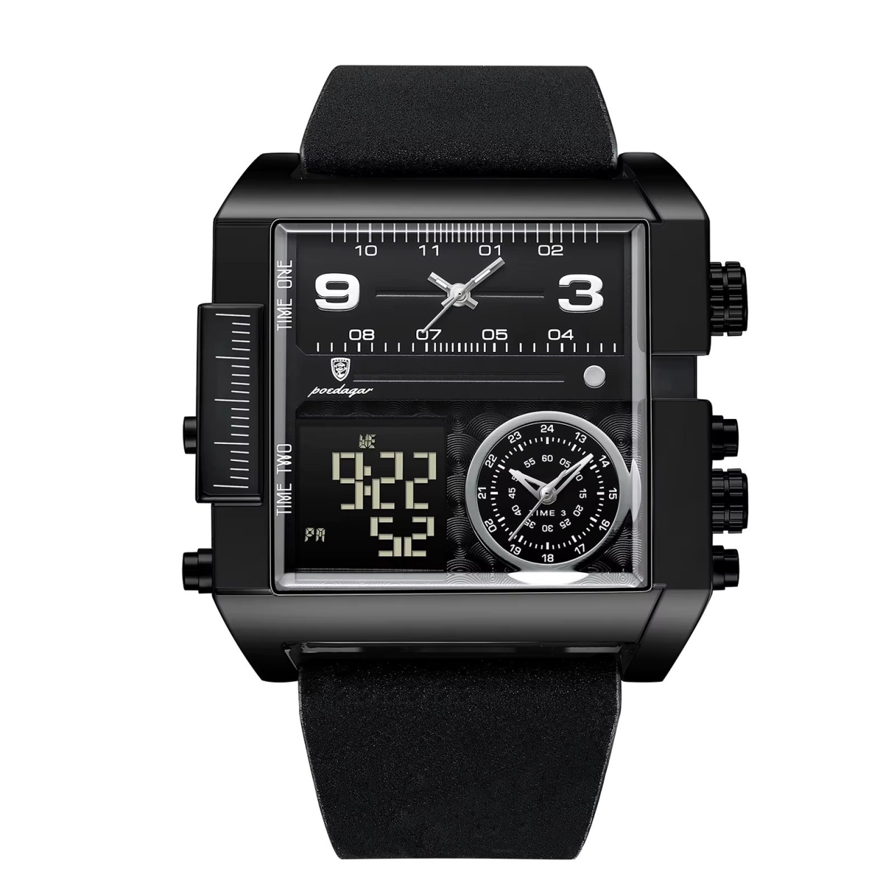 Ceas barbatesc digital&analog Poedagar CS1768, piele naturala, negru, cadran negru