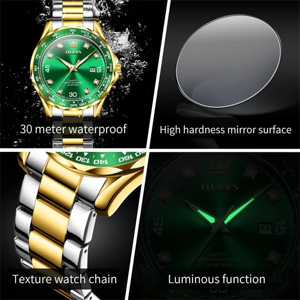 Ceas barbatesc Olevs CS1622, curea de silicon, verde-auriu, cadran verde - 1 | YEO