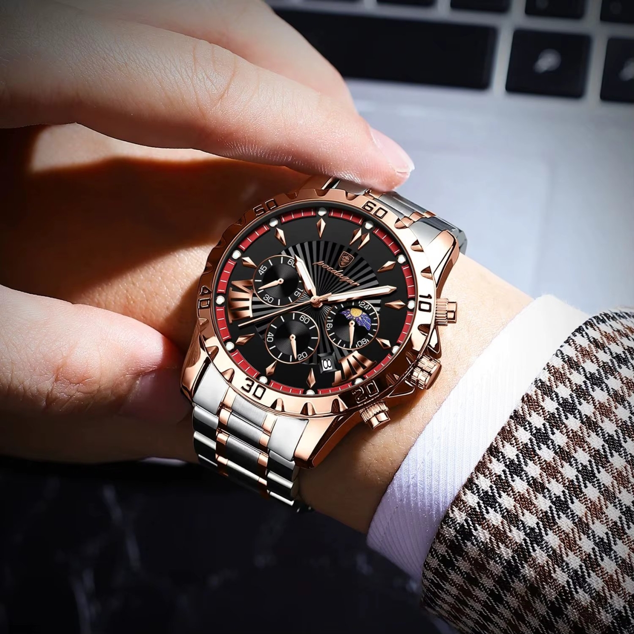 Ceas barbatesc Poedagar CS1816, otel inoxidabil, argintiu-rose gold, cadran negru - 2 | YEO